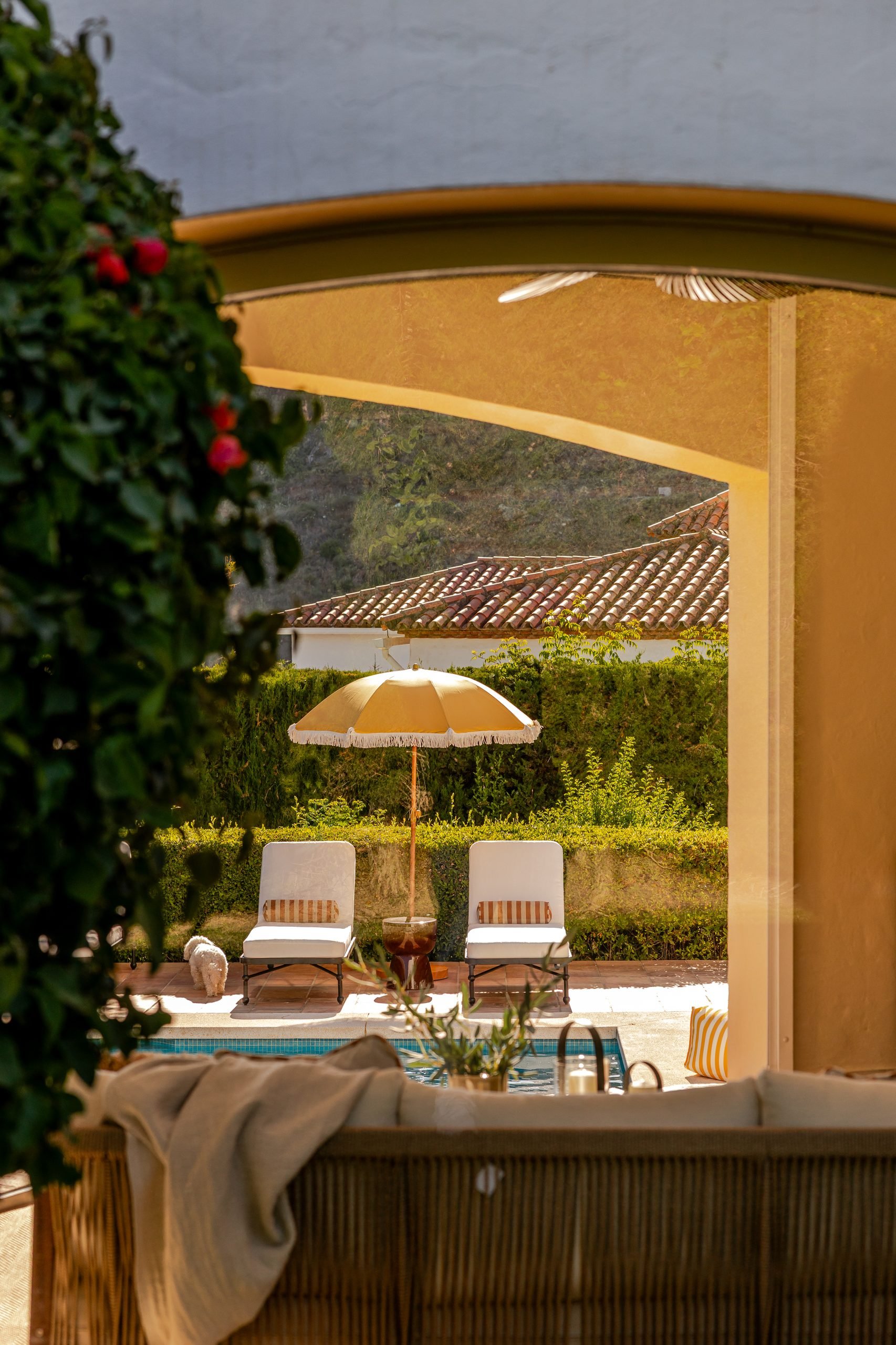 Vista de la piscina bajo arco y vegetación — Deco Caroline, Costa del Sol. Fotografía de Pedro Jaén
