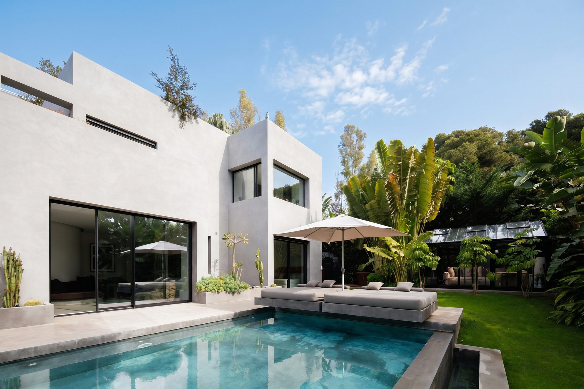 Fachada blanca contemporánea con piscina y tumbonas — Endless Grahana Soul Corzo 5, Costa del Sol. Fotografía de Pedro Jaén